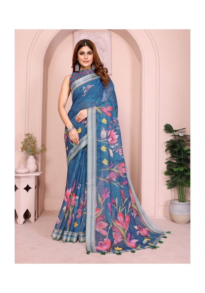Malishka Export Floral Print Blue Saree for Women - Image 1